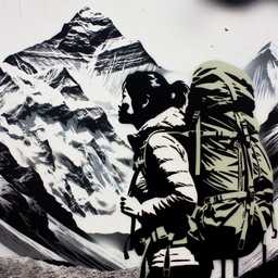 someone gazing at Mount Everest, airbrush painting, stencil art generated by DALL·E 2